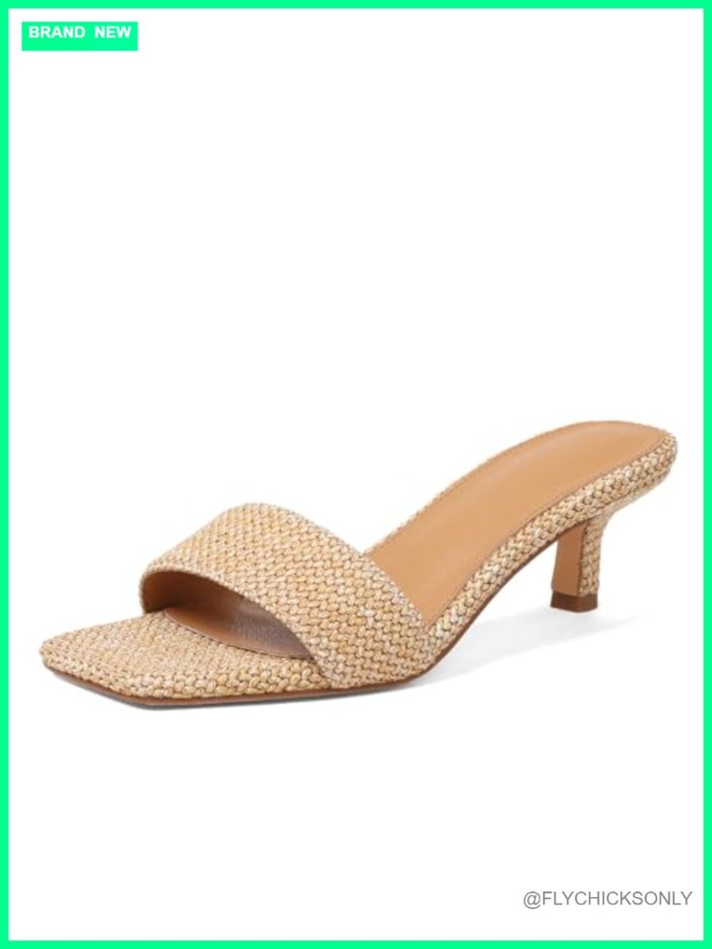 Kitten Heel Sandals Raffia Low Heels 2 Inch Square Open Toe Slip On Women